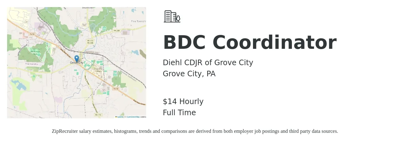 Diehl CDJR of Grove City job posting for a BDC Coordinator in Grove City, PA with a salary of $15 Hourly with a map of Grove City location.