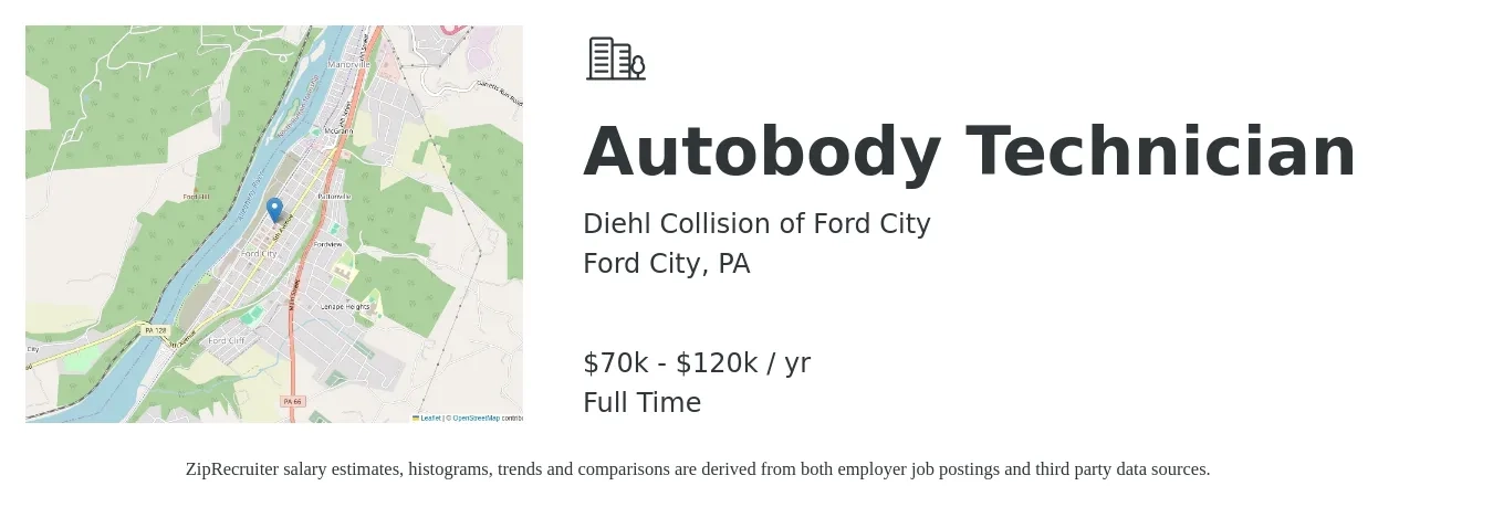 Diehl Collision of Ford City job posting for a Autobody Technician in Ford City, PA with a salary of $70,000 to $120,000 Yearly with a map of Ford City location.
