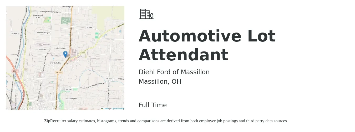 Diehl Ford of Massillon job posting for a Automotive Lot Attendant in Massillon, OH with a salary of $14 to $15 Hourly with a map of Massillon location.