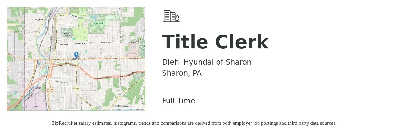 Diehl Hyundai of Sharon job posting for a Title Clerk in Sharon, PA with a salary of $15 to $19 Hourly with a map of Sharon location.