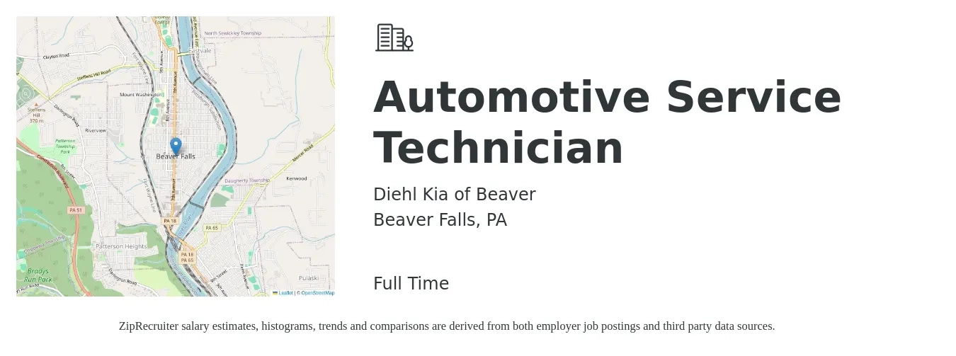 Diehl Kia of Beaver job posting for a Automotive Service Technician in Beaver Falls, PA with a salary of $17 to $28 Hourly with a map of Beaver Falls location.