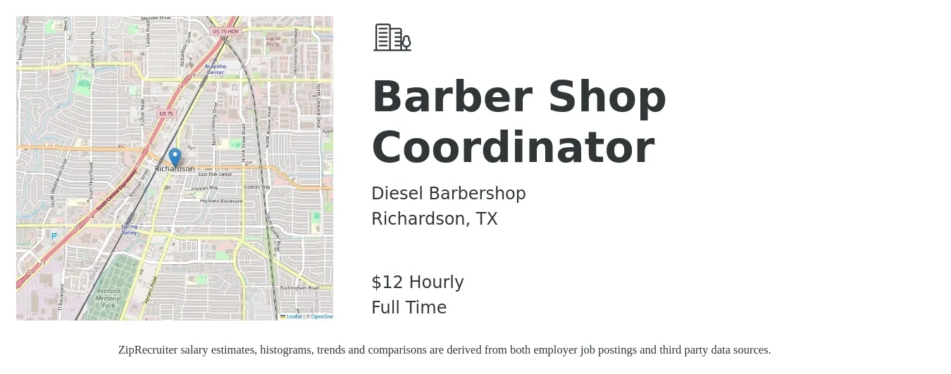 Diesel Barbershop job posting for a Barber Shop Coordinator in Richardson, TX with a salary of $14 to $16 Hourly with a map of Richardson location.