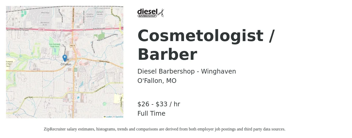Diesel Barbershop - Winghaven job posting for a Cosmetologist / Barber in O'Fallon, MO with a salary of $28 to $35 Hourly with a map of O'Fallon location.