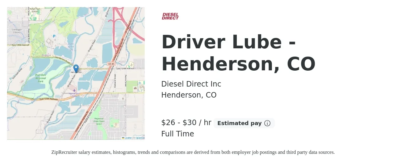 Diesel Direct Inc job posting for a Driver Lube - Henderson, CO in Henderson, CO with a salary of $28 to $32 Hourly with a map of Henderson location.