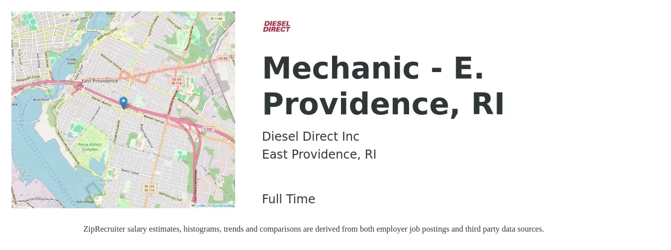 Diesel Direct Inc job posting for a Mechanic - E. Providence, RI in East Providence, RI with a salary of $25 to $33 Hourly with a map of East Providence location.