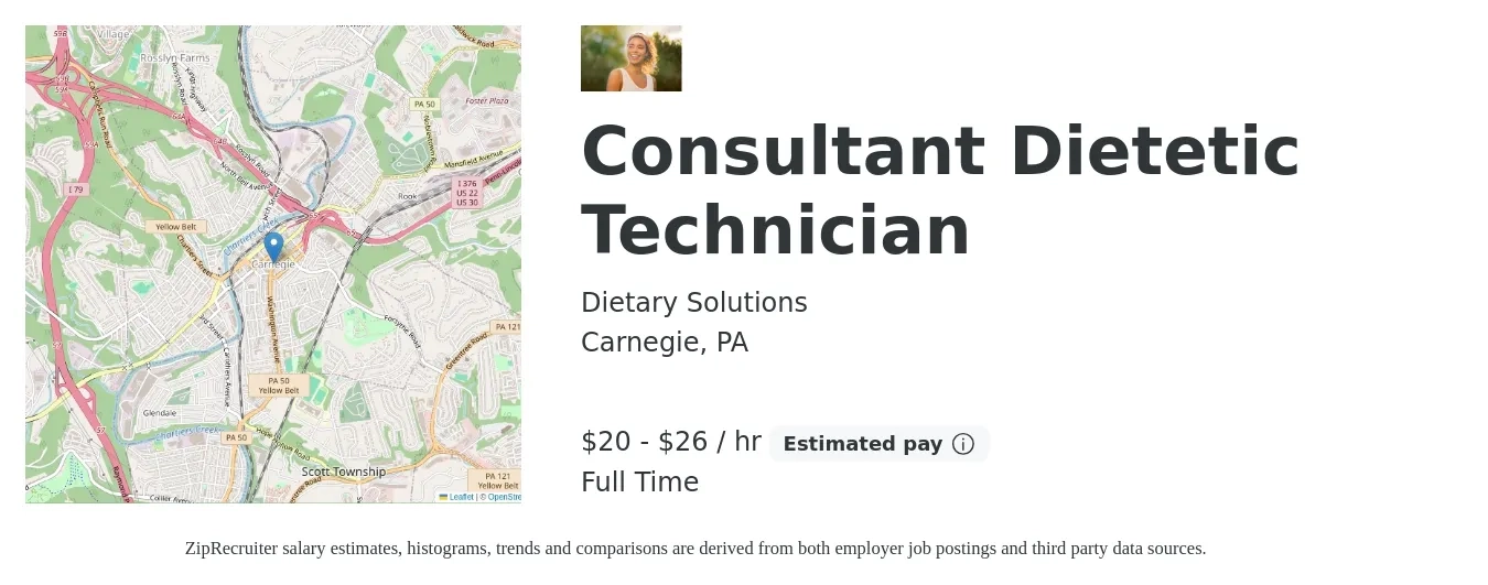 Dietary Solutions job posting for a Consultant Dietetic Technician in Carnegie, PA with a salary of $21 to $28 Hourly with a map of Carnegie location.
