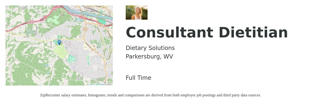 Dietary Solutions, Inc. job posting for a Consultant Dietitian in Parkersburg, WV with a salary of $59,400 to $86,900 Yearly with a map of Parkersburg location.