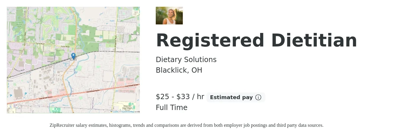 Dietary Solutions job posting for a Registered Dietitian in Blacklick, OH with a salary of $26 to $35 Hourly with a map of Blacklick location.