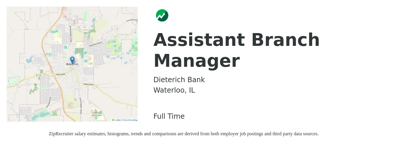 Dieterich Bank job posting for a Assistant Branch Manager in Waterloo, IL with a salary of $42,100 to $58,400 Yearly with a map of Waterloo location.