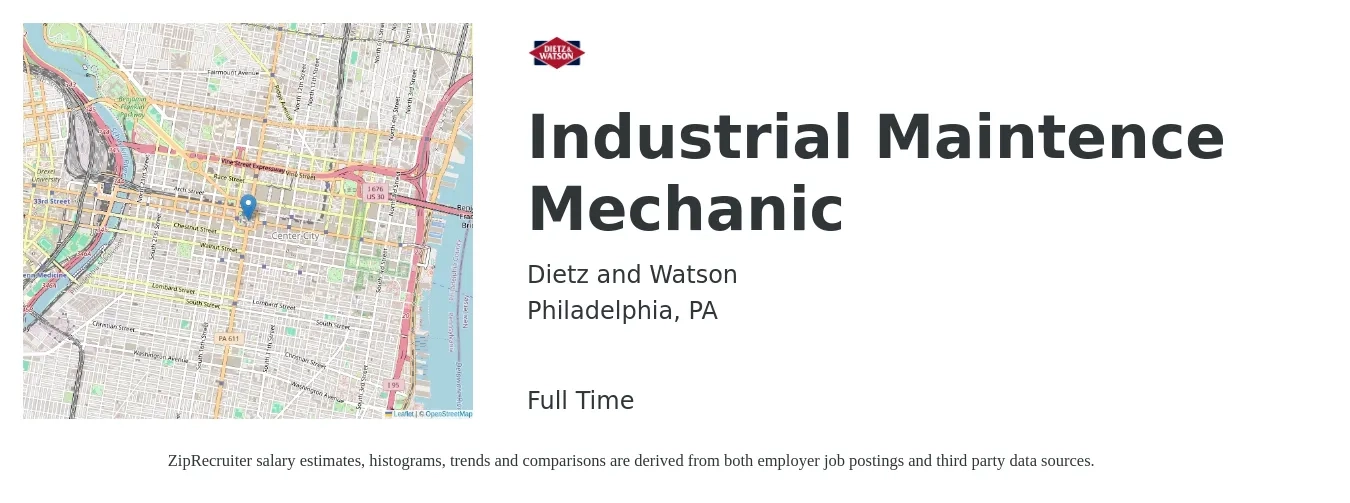 Dietz and Watson job posting for a Industrial Maintence Mechanic in Philadelphia, PA with a salary of $22 to $32 Hourly with a map of Philadelphia location.