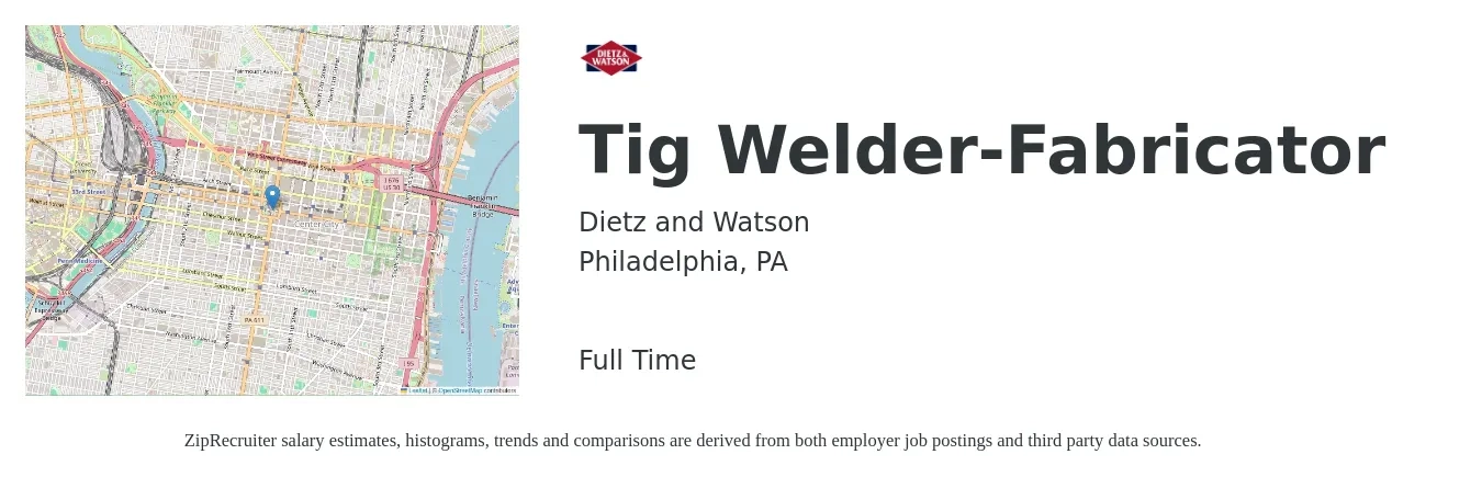 Dietz and Watson job posting for a Tig Welder-Fabricator in Philadelphia, PA with a salary of $19 to $32 Hourly with a map of Philadelphia location.