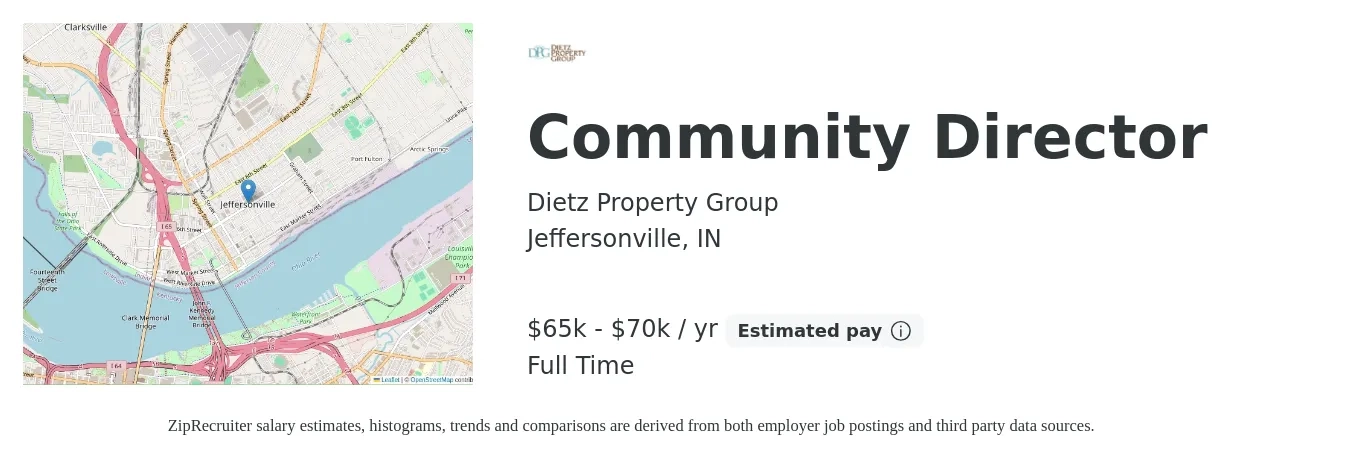 Dietz Property Group job posting for a Community Director in Jeffersonville, IN with a salary of $65,000 to $70,000 Yearly with a map of Jeffersonville location.
