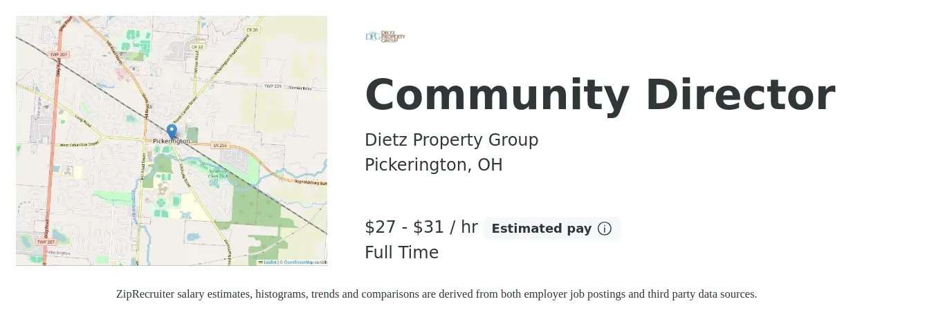 Dietz Property Group job posting for a Community Director in Pickerington, OH with a salary of $60,000 to $68,000 Yearly with a map of Pickerington location.