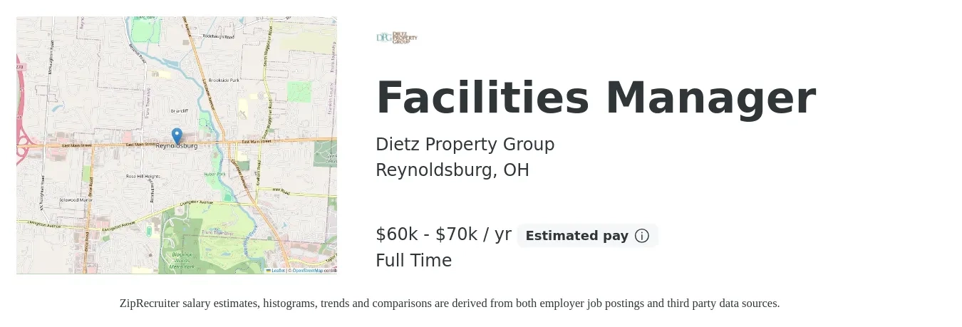 Dietz Property Group job posting for a Facilities Manager in Reynoldsburg, OH with a salary of $49,400 to $81,900 Yearly with a map of Reynoldsburg location.