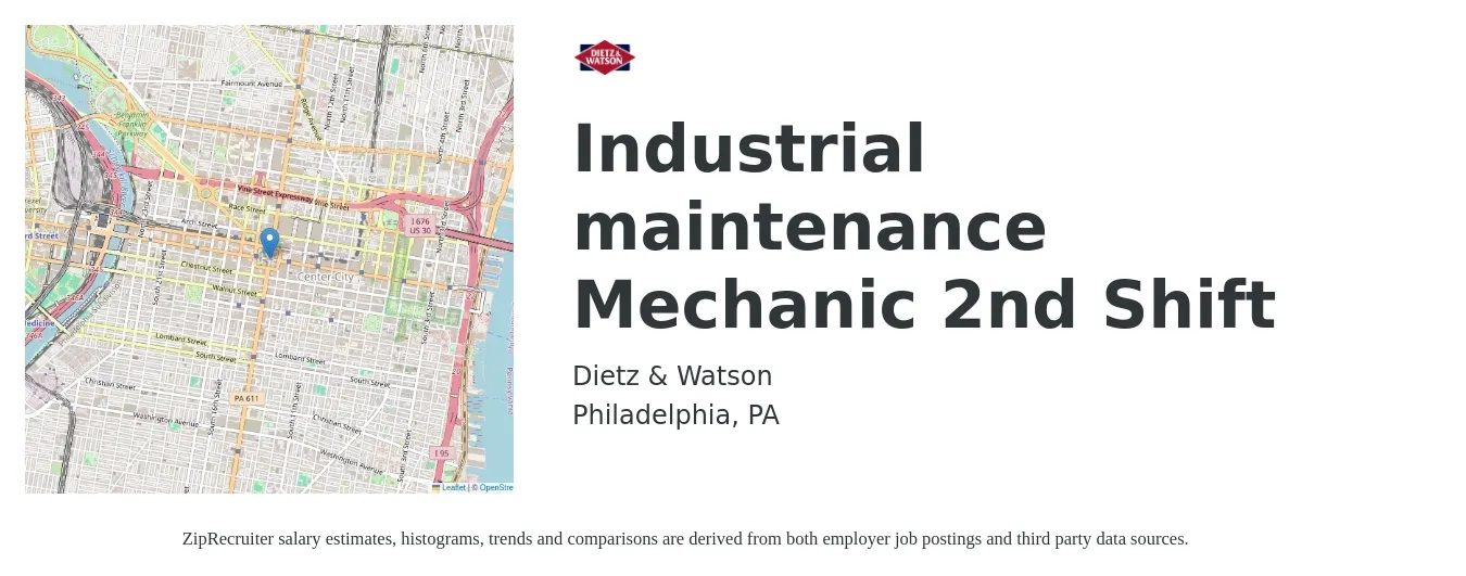 Dietz & Watson job posting for a Industrial maintenance Mechanic 2nd Shift in Philadelphia, PA with a salary of $25 to $32 Hourly with a map of Philadelphia location.