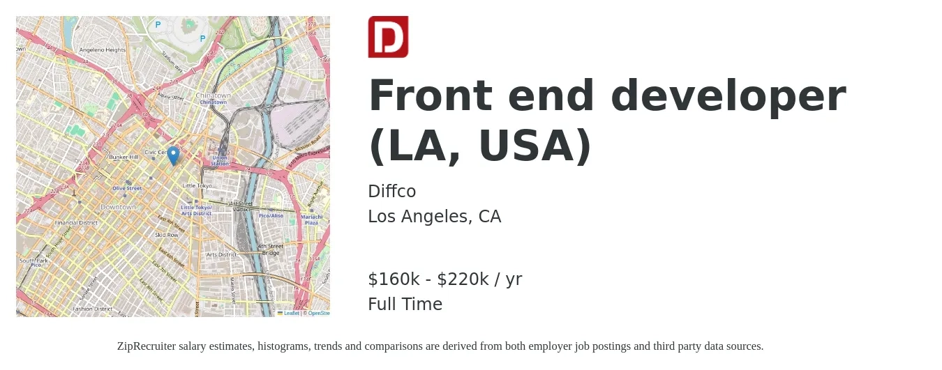 Diffco job posting for a Front end developer (LA, USA) in Los Angeles, CA with a salary of $160,000 to $220,000 Yearly with a map of Los Angeles location.