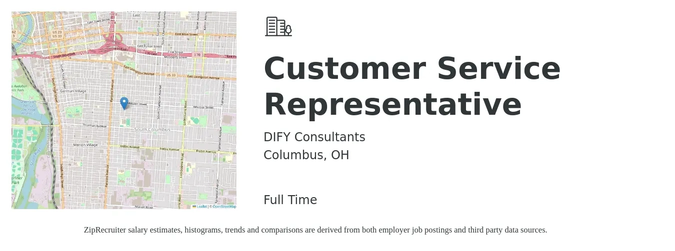 DIFY Consultants job posting for a Customer Service Representative in Columbus, OH with a salary of $16 to $21 Hourly with a map of Columbus location.