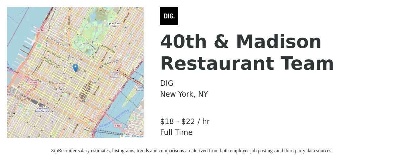 DIG job posting for a 40th & Madison Restaurant Team in New York, NY with a salary of $19 to $23 Hourly with a map of New York location.