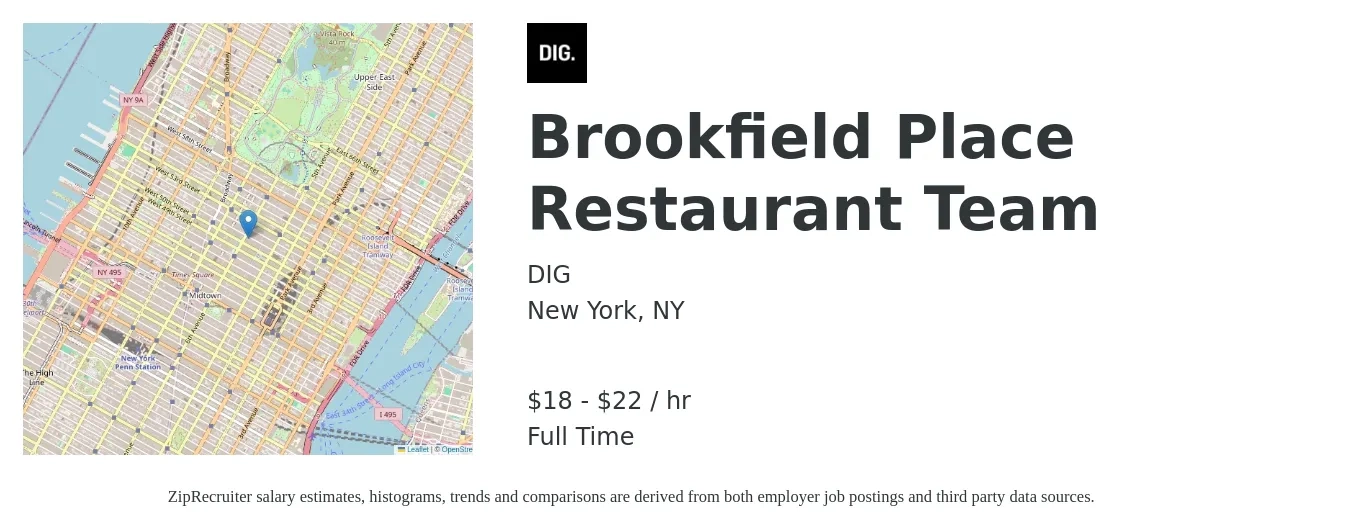 DIG job posting for a Brookfield Place Restaurant Team in New York, NY with a salary of $19 to $23 Hourly with a map of New York location.