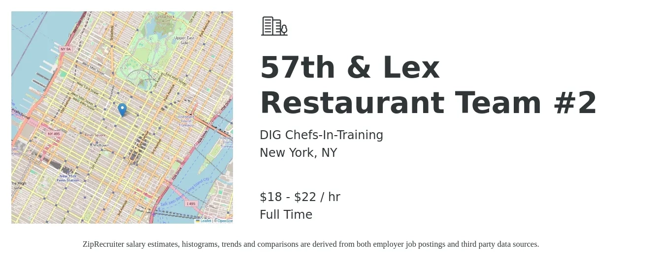 DIG Chefs-In-Training job posting for a 57th & Lex Restaurant Team #2 in New York, NY with a salary of $19 to $23 Hourly with a map of New York location.