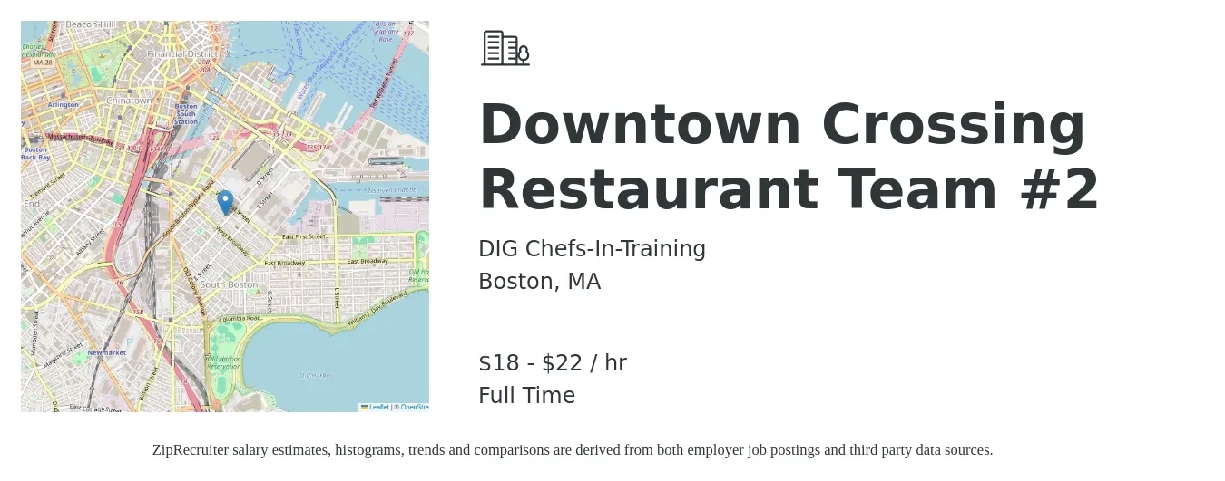 DIG Chefs-In-Training job posting for a Downtown Crossing Restaurant Team #2 in Boston, MA with a salary of $19 to $23 Hourly with a map of Boston location.