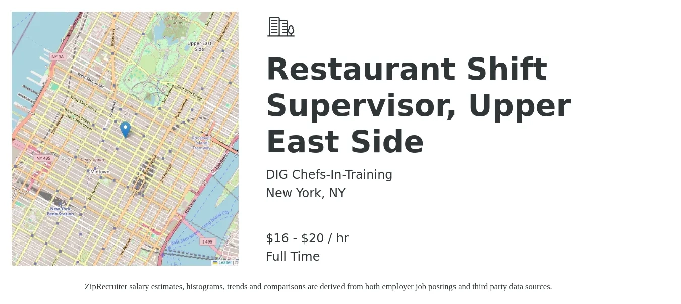 DIG Chefs-In-Training job posting for a Restaurant Shift Supervisor, Upper East Side in New York, NY with a salary of $17 to $21 Hourly with a map of New York location.