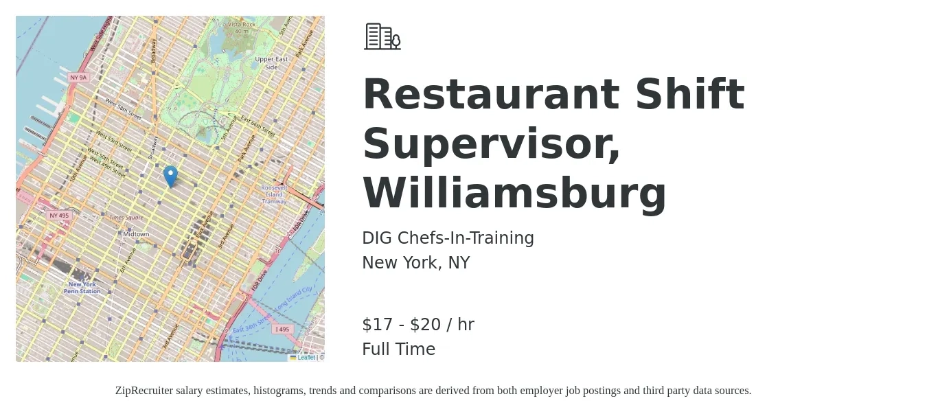 DIG Chefs-In-Training job posting for a Restaurant Shift Supervisor, Williamsburg in New York, NY with a salary of $17 to $21 Hourly with a map of New York location.