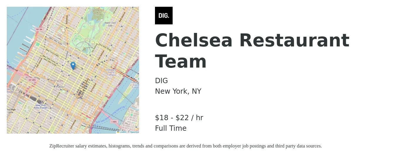 DIG job posting for a Chelsea Restaurant Team in New York, NY with a salary of $19 to $23 Hourly with a map of New York location.