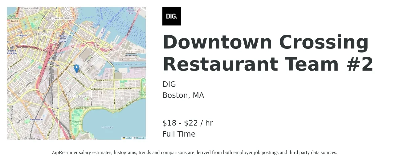 DIG job posting for a Downtown Crossing Restaurant Team #2 in Boston, MA with a salary of $19 to $23 Hourly with a map of Boston location.