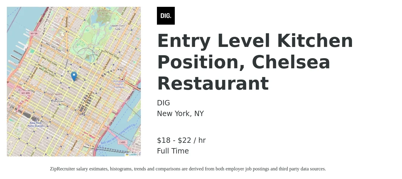 DIG job posting for a Entry Level Kitchen Position, Chelsea Restaurant in New York, NY with a salary of $19 to $23 Hourly with a map of New York location.