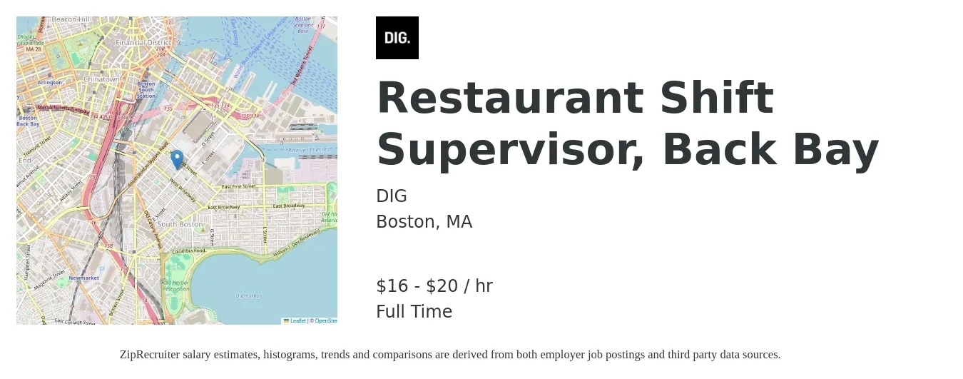 DIG job posting for a Restaurant Shift Supervisor, Back Bay in Boston, MA with a salary of $17 to $21 Hourly with a map of Boston location.