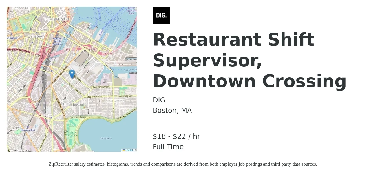 DIG job posting for a Restaurant Shift Supervisor, Downtown Crossing in Boston, MA with a salary of $19 to $23 Hourly with a map of Boston location.