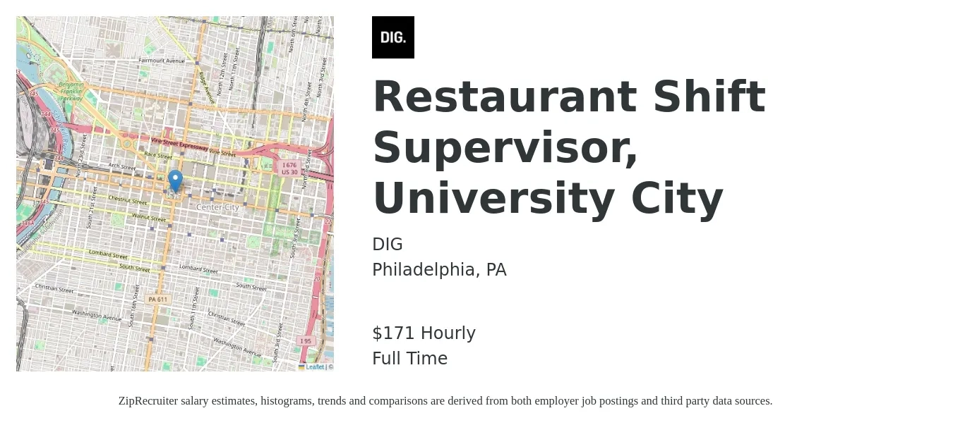DIG job posting for a Restaurant Shift Supervisor, University City in Philadelphia, PA with a salary of $178 Hourly with a map of Philadelphia location.
