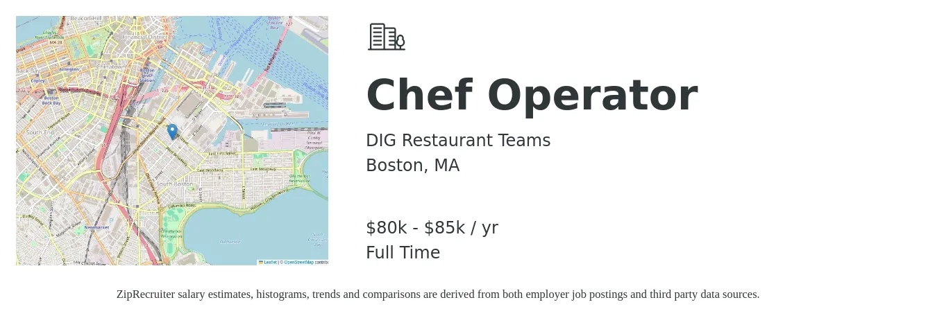 DIG Restaurant Teams job posting for a Chef Operator in Boston, MA with a salary of $80,000 to $90,000 Yearly with a map of Boston location.