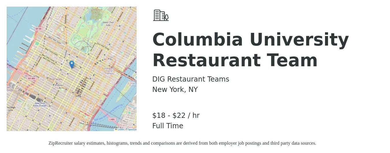 DIG Restaurant Teams job posting for a Columbia University Restaurant Team in New York, NY with a salary of $19 to $23 Hourly with a map of New York location.