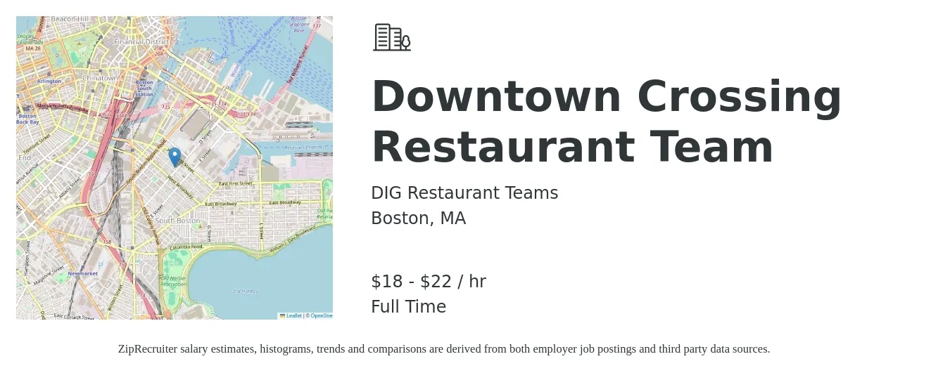 DIG Restaurant Teams job posting for a Downtown Crossing Restaurant Team in Boston, MA with a salary of $19 to $23 Hourly with a map of Boston location.