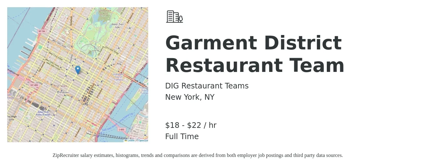 DIG Restaurant Teams job posting for a Garment District Restaurant Team in New York, NY with a salary of $19 to $23 Hourly with a map of New York location.