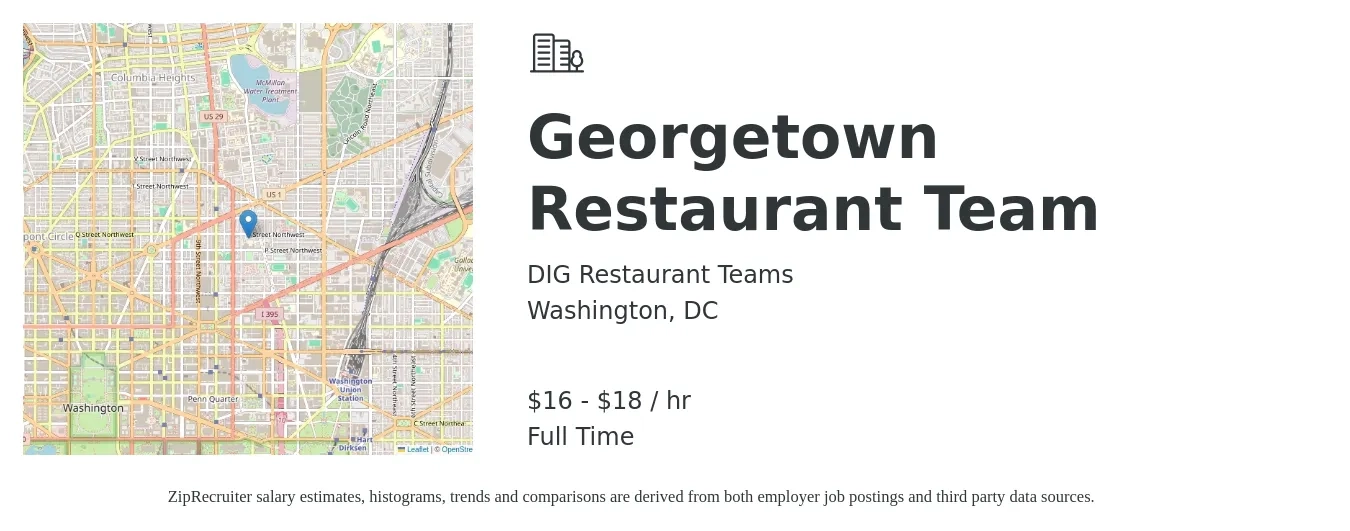 DIG Restaurant Teams job posting for a Georgetown Restaurant Team in Washington, DC with a salary of $17 to $19 Hourly with a map of Washington location.