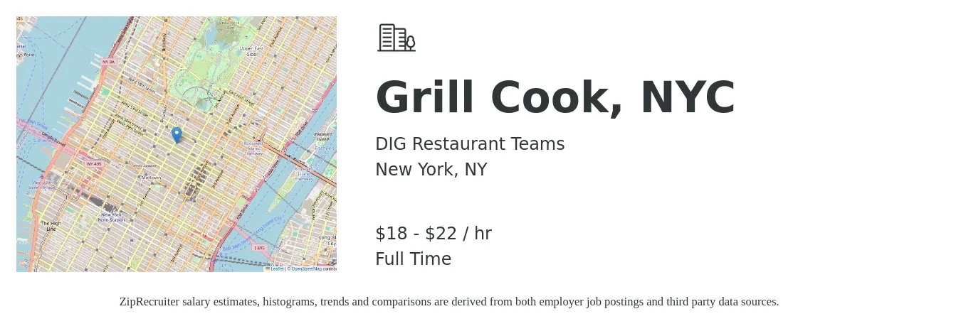 DIG Restaurant Teams job posting for a Grill Cook, NYC in New York, NY with a salary of $19 to $23 Hourly with a map of New York location.