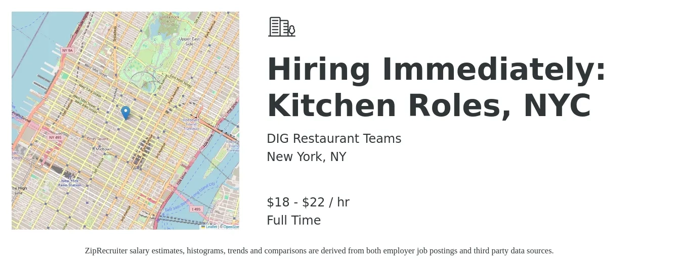 DIG Restaurant Teams job posting for a Hiring Immediately: Kitchen Roles, NYC in New York, NY with a salary of $19 to $23 Hourly with a map of New York location.