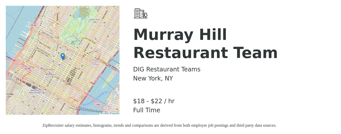 DIG Restaurant Teams job posting for a Murray Hill Restaurant Team in New York, NY with a salary of $19 to $23 Hourly with a map of New York location.