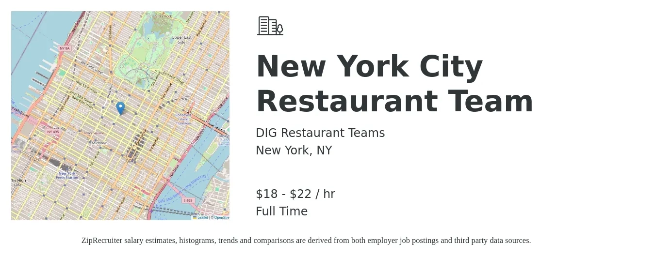 DIG Restaurant Teams job posting for a New York City Restaurant Team in New York, NY with a salary of $19 to $23 Hourly with a map of New York location.