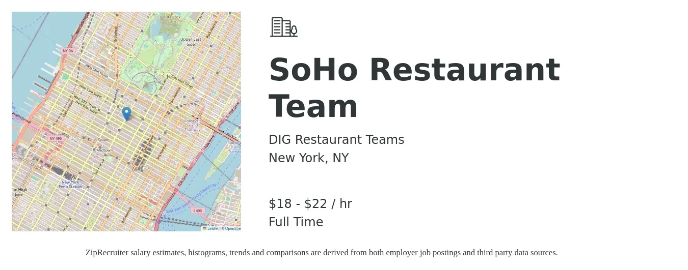 DIG Restaurant Teams job posting for a SoHo Restaurant Team in New York, NY with a salary of $19 to $23 Hourly with a map of New York location.