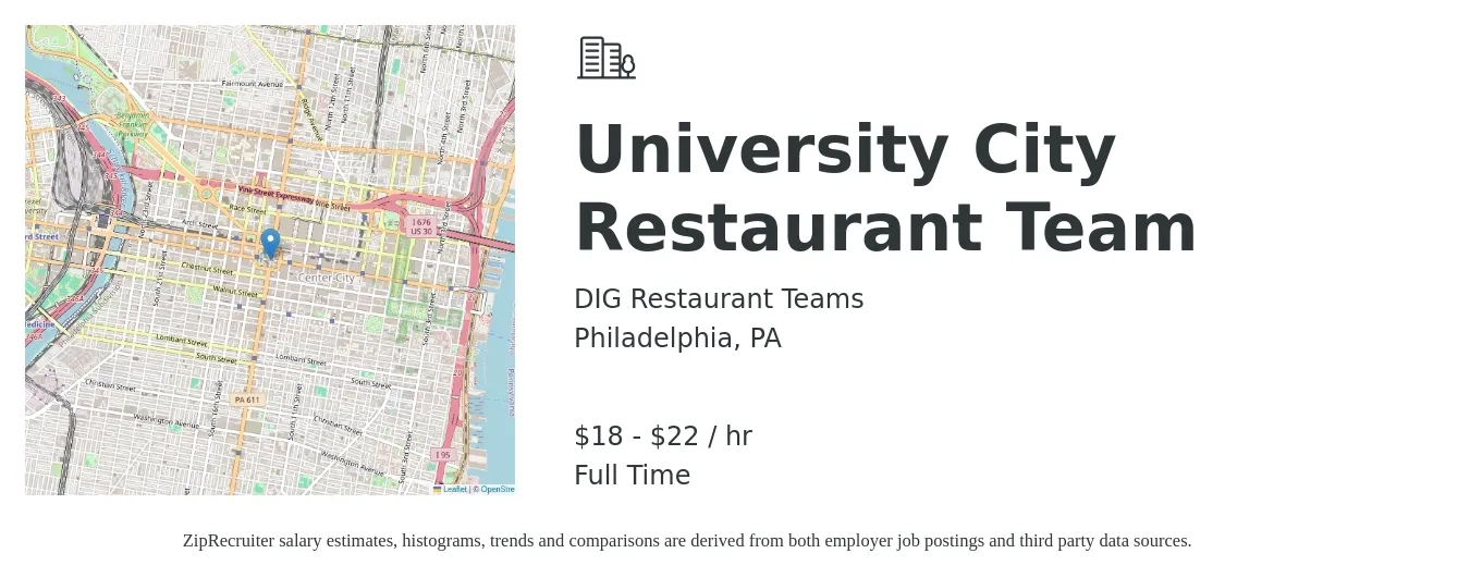 DIG Restaurant Teams job posting for a University City Restaurant Team in Philadelphia, PA with a salary of $19 to $23 Hourly with a map of Philadelphia location.