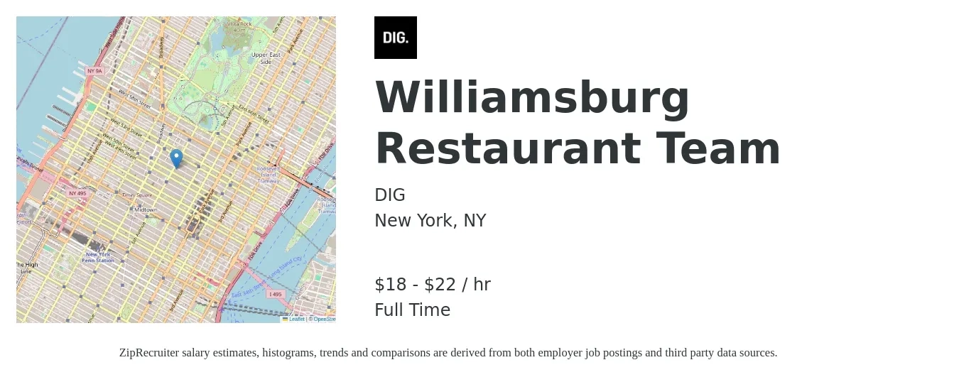DIG job posting for a Williamsburg Restaurant Team in New York, NY with a salary of $19 to $23 Hourly with a map of New York location.