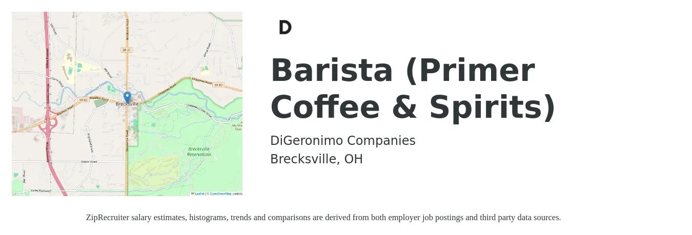 DiGeronimo Companies job posting for a Barista (Primer Coffee & Spirits) in Brecksville, OH with a salary of $14 to $16 Hourly with a map of Brecksville location.