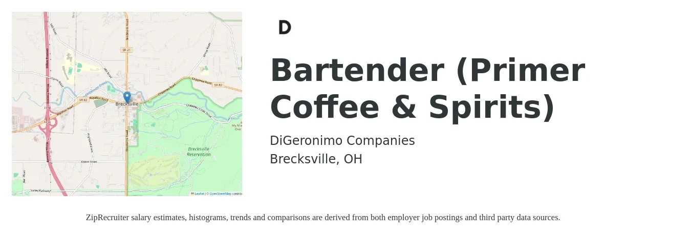 DiGeronimo Companies job posting for a Bartender (Primer Coffee & Spirits) in Brecksville, OH with a salary of $10 to $18 Hourly with a map of Brecksville location.