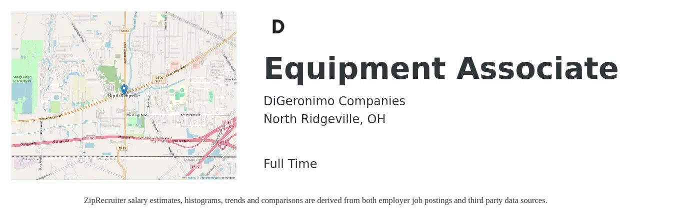 DiGeronimo Companies job posting for a Equipment Associate in North Ridgeville, OH with a salary of $15 to $18 Hourly with a map of North Ridgeville location.
