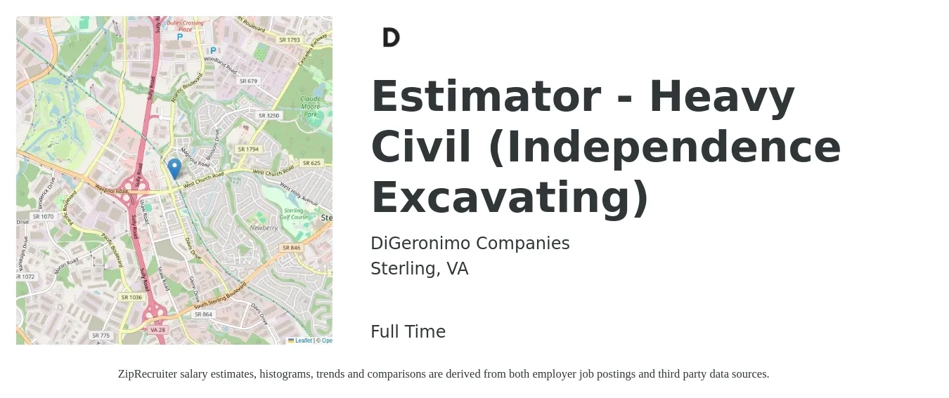 DiGeronimo Companies job posting for a Estimator - Heavy Civil (Independence Excavating) in Sterling, VA with a salary of $62,600 to $100,000 Yearly with a map of Sterling location.