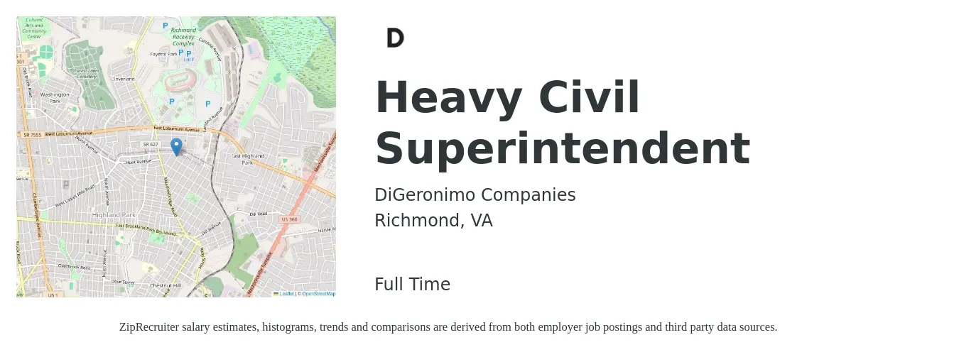 DiGeronimo Companies job posting for a Heavy Civil Superintendent in Richmond, VA with a salary of $69,500 to $113,100 Yearly with a map of Richmond location.